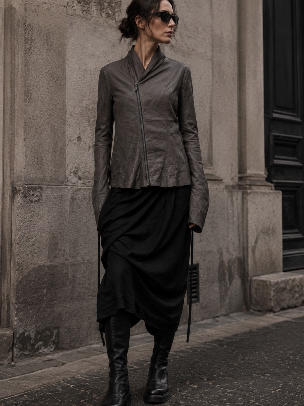 RICK OWENS Max-Style Lamb Leather Distressed Leather Moto Jacket in Dust, 48/14